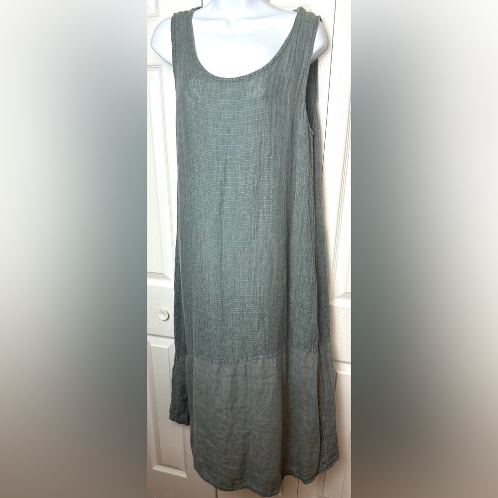 FLAX 100% Linen Tank Maxi Dress Gray Green Textured Scoop Neck Pullover Light